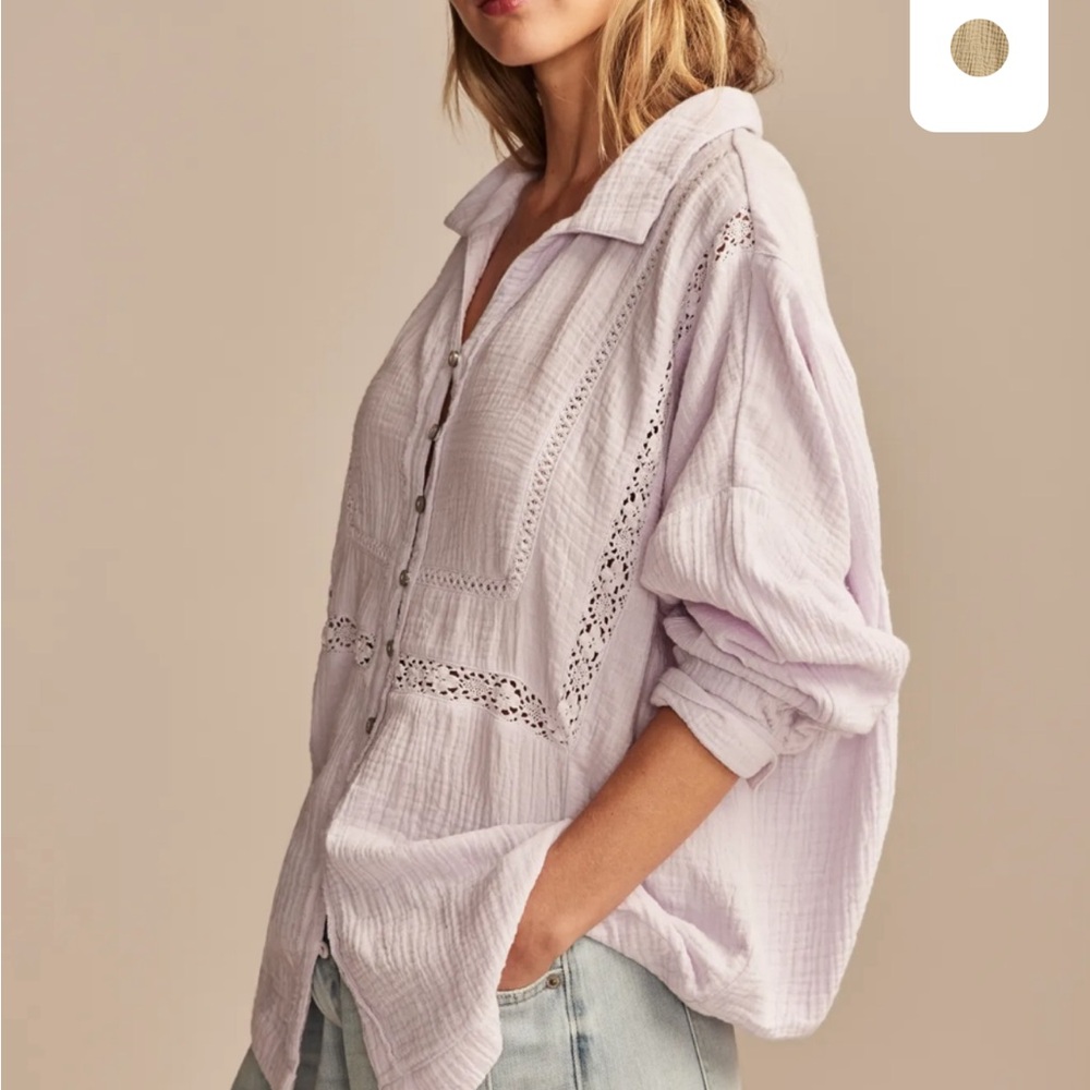 Lucky Brand Lavender Lace Inset Cotton Gauze Button Up Shirt Thistle Small NWT - Picture 4 of 9